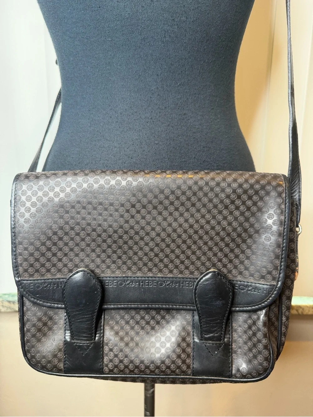 Vintage Hebe Leather Monogram Black Patterned Crossbody Messenger Bag